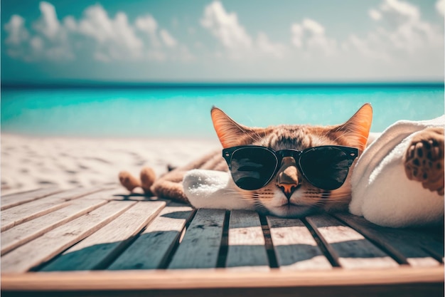 Foto chillende entzückende katze am strand mit brille im sommersonnenlicht-konzept