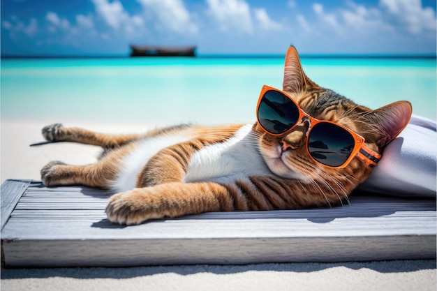 Chillende entzückende Katze am Strand mit Brille im Sommersonnenlicht-Konzept