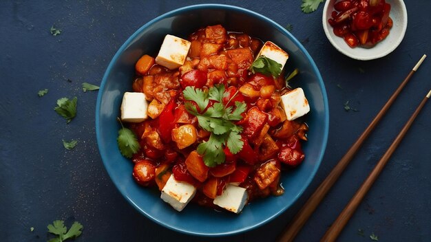 El chilli paneer seco se hace con queso cottage y comida china.