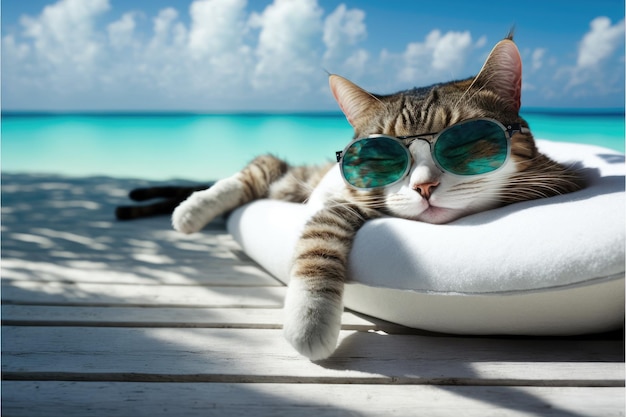 Chilling adorável gato na praia usando óculos no conceito de luz solar de verão
