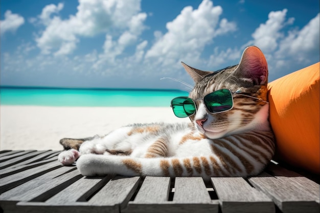 Chilling adorável gato na praia usando óculos no conceito de luz solar de verão