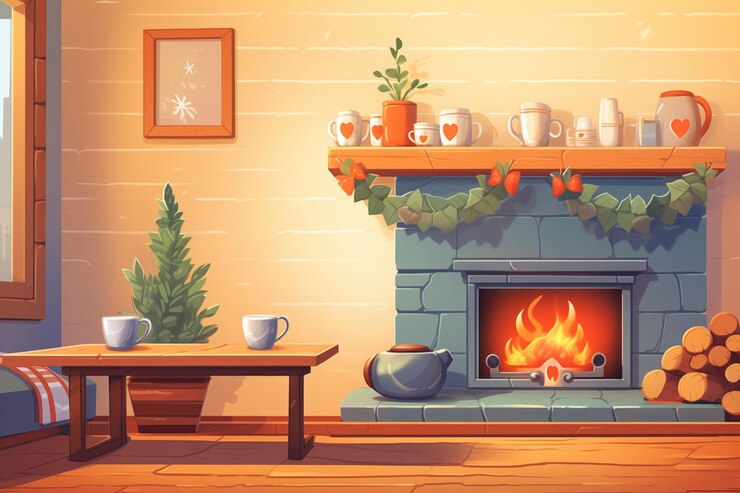 Una chimenea acogedora con una taza de cacao humeando en la chimenea