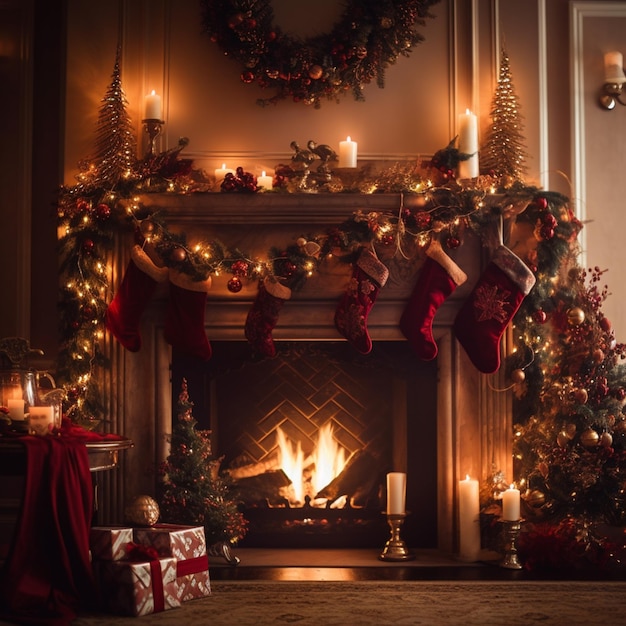 Chimenea con adornos navideños y velas frente a ella generativa ai