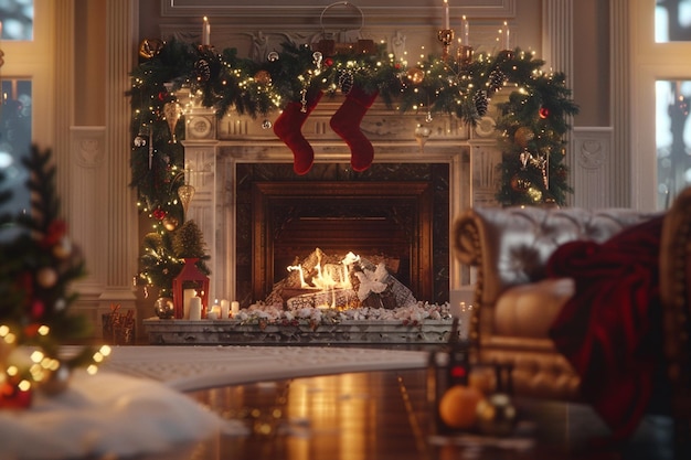 una chimenea con un árbol de Navidad y una corona en ella