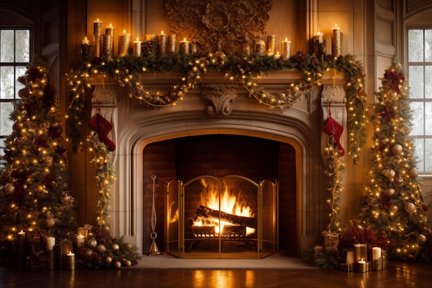 Una chimenea con un árbol de navidad y velas.