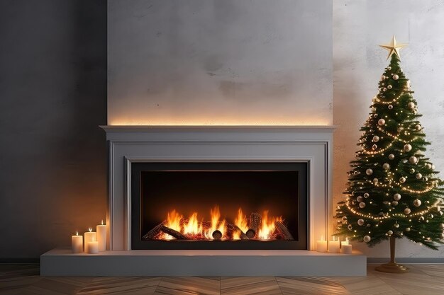 Una chimenea con un árbol de Navidad.