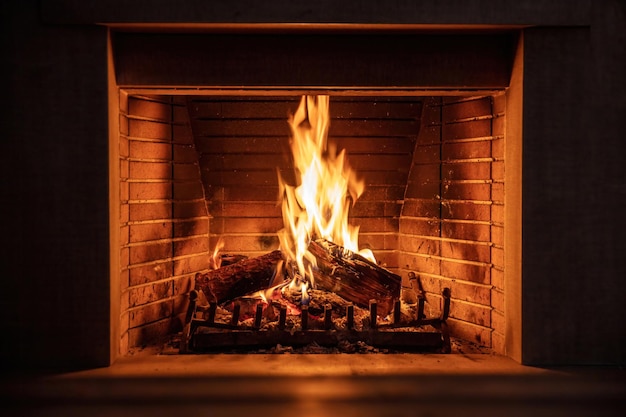 Chimenea ardiendo llamas de fuego de leña en troncos de madera fondo de ladrillos Acogedor hogar cálido en Navidad