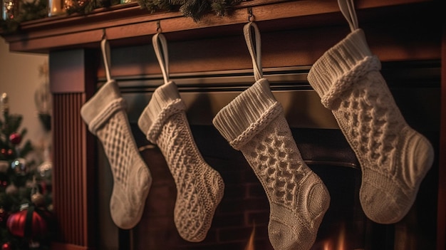 Una chimenea con un calcetín navideño colgando de ella.