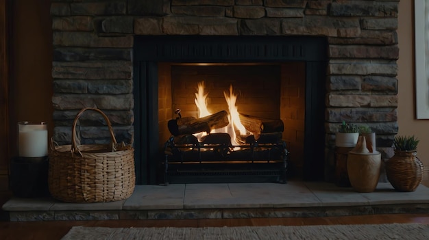 una chimenea con una canasta de leña delante de ella