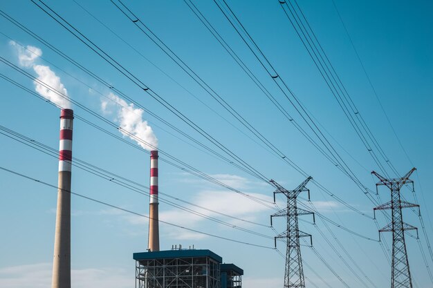 Chimenea de la central eléctrica y pilón de transmisión de alto voltaje con cielo azul