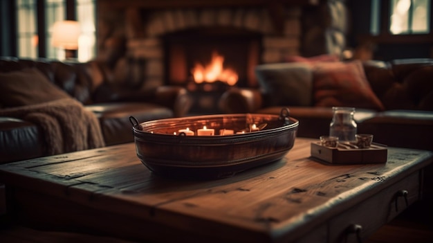 Una chimenea con una copa de vino y una bandeja de cenizas sobre una mesa.