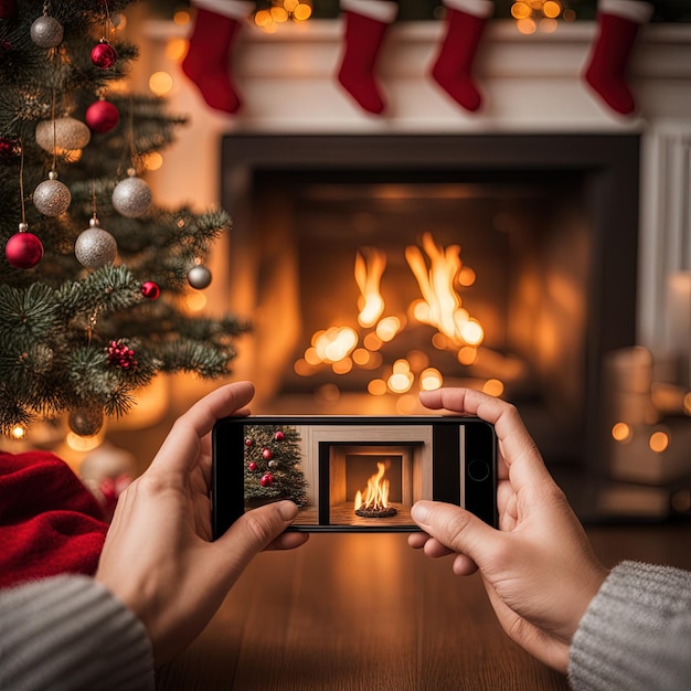 chimenea con decoraciones de Navidad tomar una foto en el teléfono móvil AI generativa