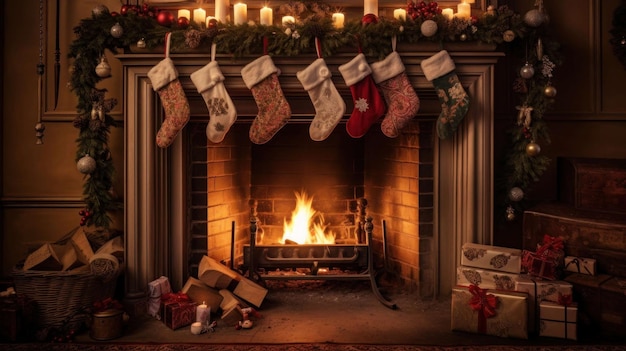 una chimenea con decoraciones de Navidad y velas