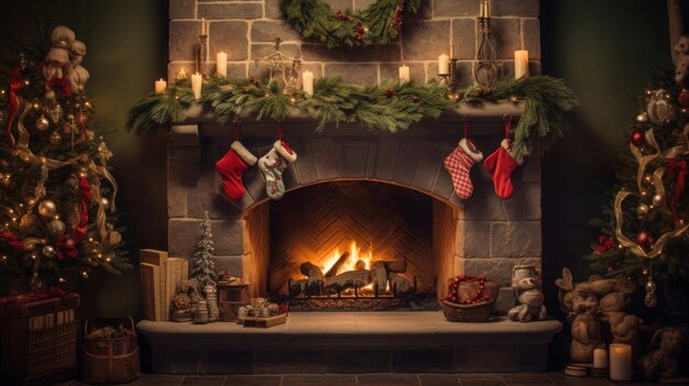 una chimenea con decoraciones de Navidad y velas