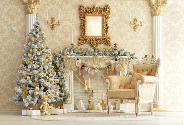 Chimenea decorada en una casa familiar con árbol de Navidad