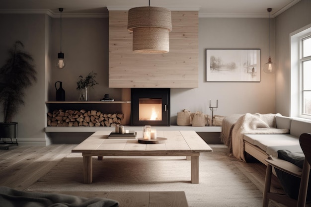 Chimenea de estilo escandinavo con materiales naturales de diseño simple y accesorios acogedores IA generativa