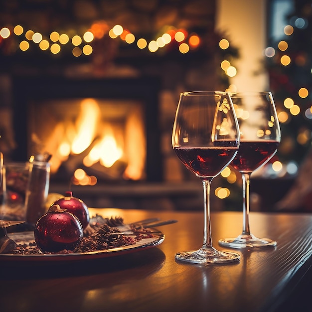 chimenea en el fondo con medias de Navidad