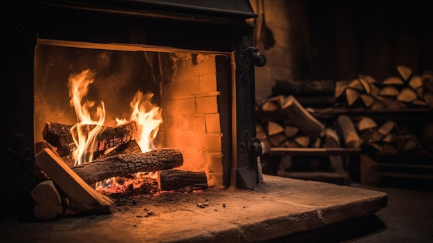 Una chimenea con fuego y una estufa de leña al fondo