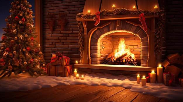 chimenea de fuego troncos de madera real acogedor hogar cálido con decoración de Navidad