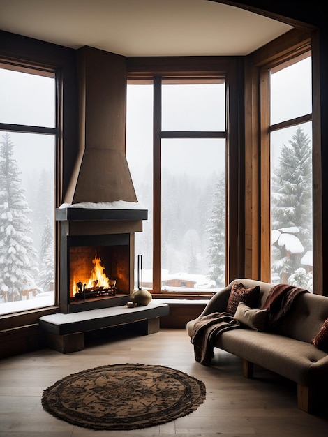 con chimenea en la habitación de invierno