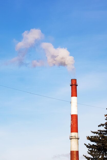 Chimenea industrial con humo y copas de los árboles contra el cielo azul