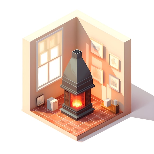 Chimenea interior isométrica y chimenea 3d render ilustración