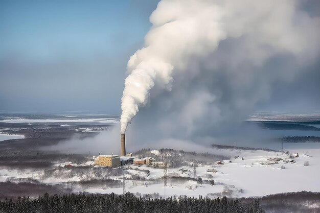 Chimenea libera una gruesa columna de humo blanco contra un paisaje nevado IA generativa