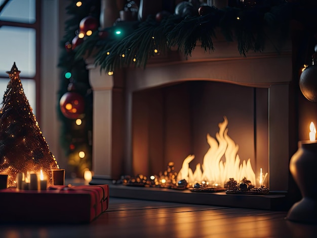 Una chimenea con luces navideñas ai generativa.