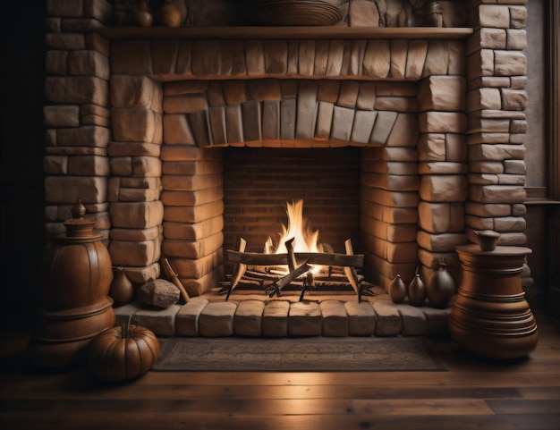 Una chimenea con una mesa de madera y una calabaza encima.