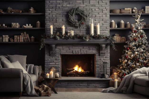 Chimenea moderna con medias, velas y decoración navideña Sala de estar navideña con chimenea Ilustración generada por IA