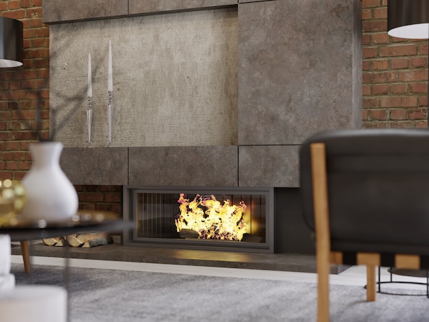 Foto chimenea en una moderna sala de estar con sillón de cuero y lámpara negra. representación 3d.