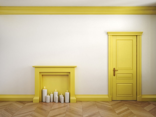 Chimenea, puerta y parquet en el clásico interior escandinavo en amarillo y blanco. Ilustración de render 3d.