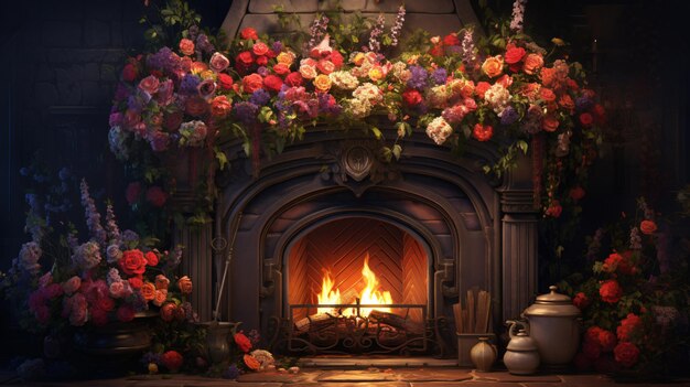 Foto una chimenea con un ramo de flores en la parte superior