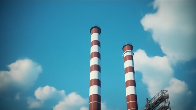 Una chimenea roja y blanca con un cielo azul detrás