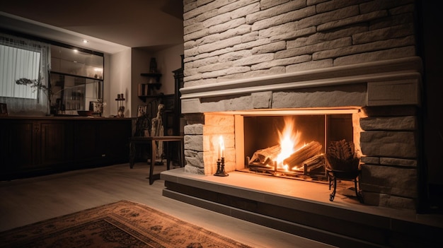 Una chimenea en una sala de estar con chimenea y una ventana detrás.