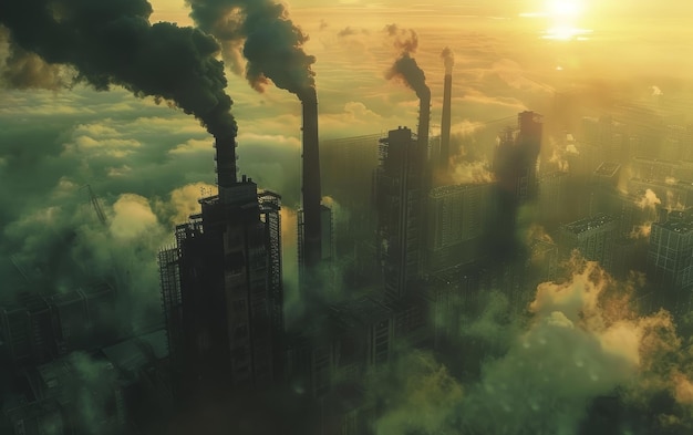 Las chimeneas industriales se erigen altas mientras emiten columnas de humo en el cielo al atardecer que eclipsan la expansión urbana de abajo