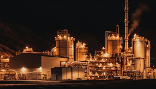 Chimeneas oscuras de plantas petroquímicas iluminadas al atardecer generadas por IA