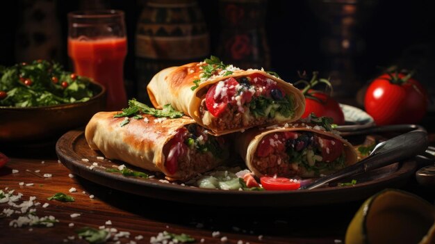 Chimichanga llena de verduras, carne y mayonesa, estampas en una mesa de madera con fondo borroso