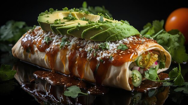 Chimichanga recheado de legumes e carne com legumes picados em uma mesa de madeira