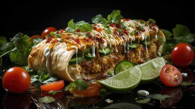 Chimichanga rellena de verduras y carne con verduras picadas sobre una mesa de madera