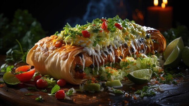 Chimichanga rellena de verduras y carne con verduras picadas sobre una mesa de madera