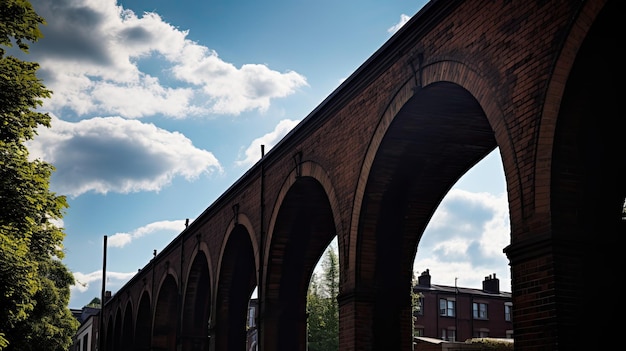 Chimney tops bajo los arcos del puente del ferrocarril en las casas debajo de los arcos del tren de ladrillo rojo siluetas en un día soleado en la ciudad de Mansfield Nottinghamshire