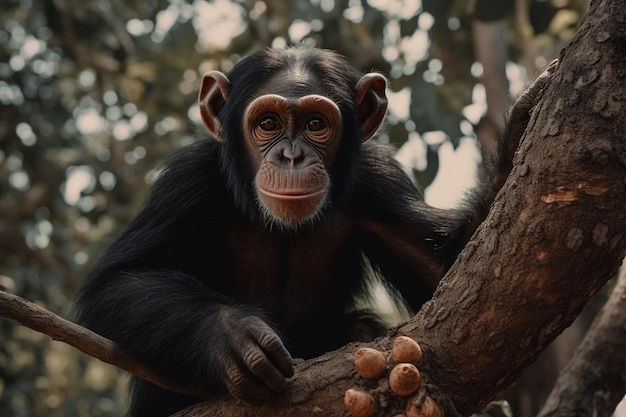 Un chimpancé en un árbol con un fondo oscuro