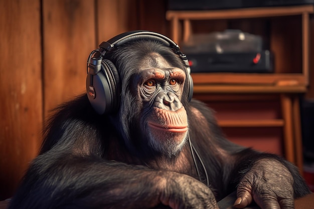 Un chimpancé con auriculares puestos