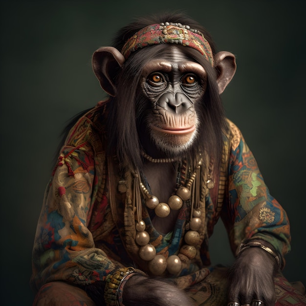 chimpancé en boho hippie bohemio medieval traje con cuentas surrealista