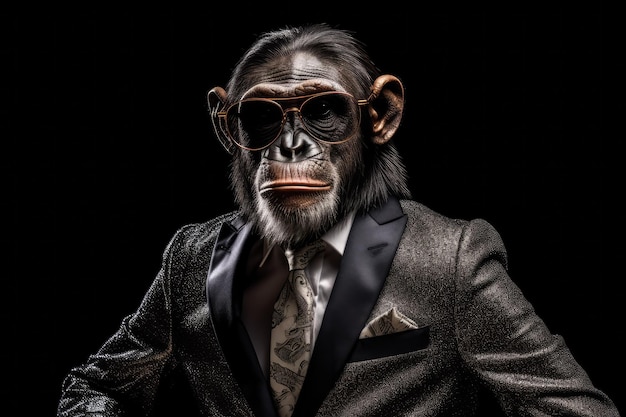 Chimpancé con cara de póquer en traje y gafas de sol sobre fondo negro IA generativa