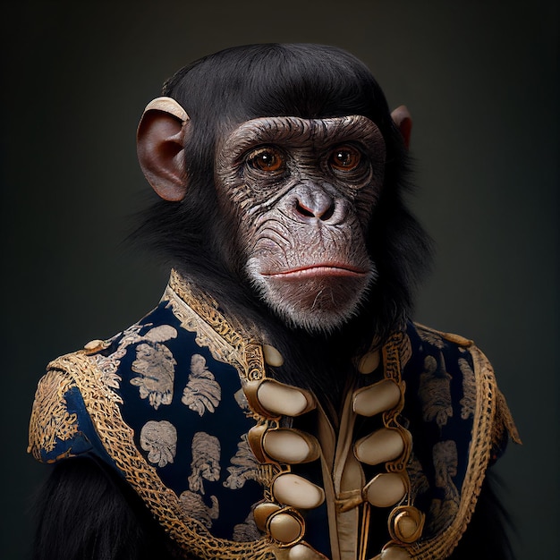 Un chimpancé con chaqueta azul y botones dorados.