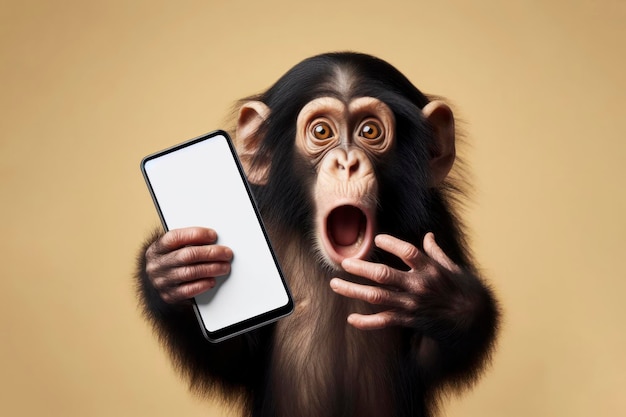 Foto un chimpancé con conmoción sosteniendo un teléfono inteligente con una pantalla de maqueta blanca.