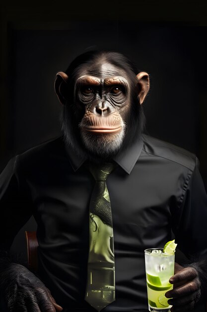 Un chimpancé ejecutivo ficticio bebiendo mojito con una camisa negra creado por un software de inteligencia artificial generativa