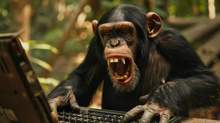 Foto un chimpancé enojado con un teclado de computadora muestra frustración y agitación
